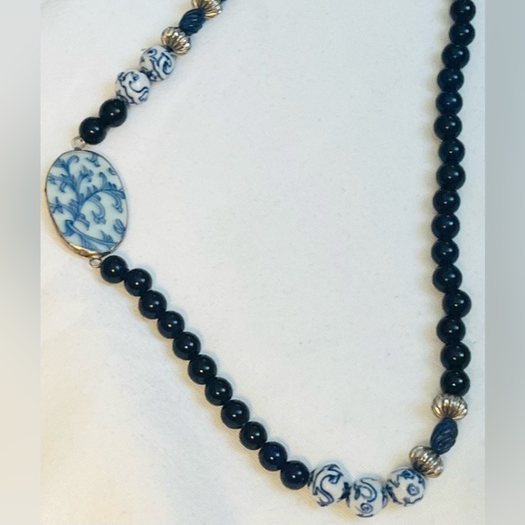 Handmade Chinoiserie Porcelain Pendant Necklace Blue White 26" Artisan - Picture 2 of 6